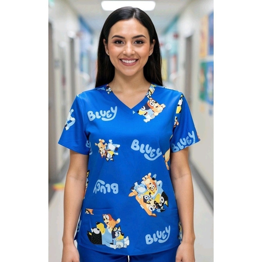 Bluey Women's Scrub Top - V-Neck with Pockets - Small -‎ New Without Tags